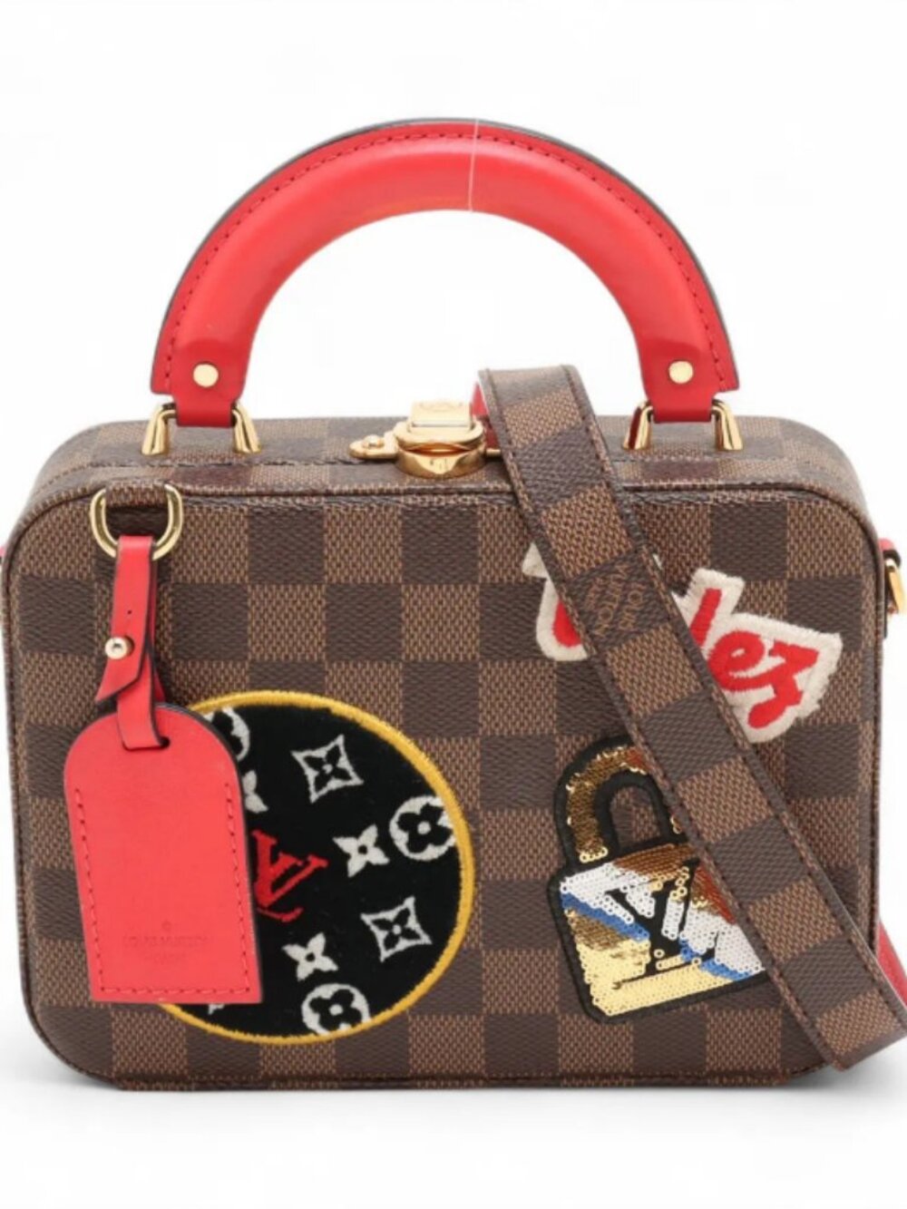 Louis Vuitton Damier Ebene LV Stories Box Patches Bag Brown x Red